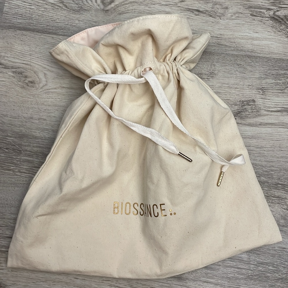 Biossance Cream Logo Drawstring Canvas Tote Makeup / Cosmetic Bag 15" X 15"